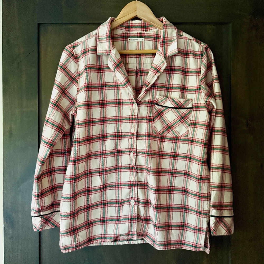 Marine Layer Pajama‎ size Small Flannel Classic PJ Top in Green & Pink Plaid
